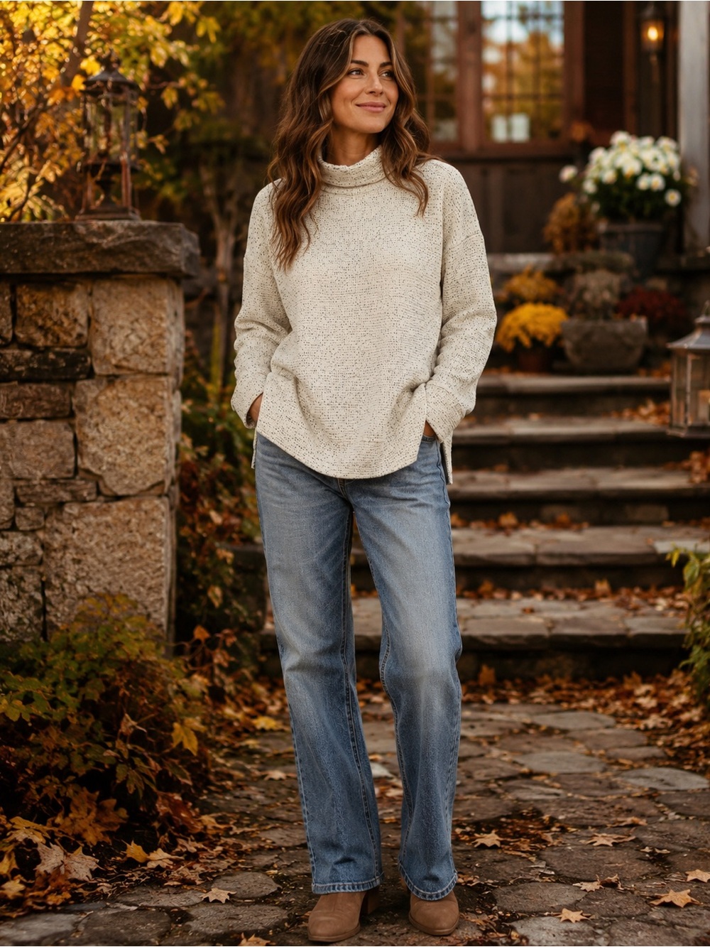 Jockey Ivory Speckled Mock Neck Cozy Pullover Sweater Large